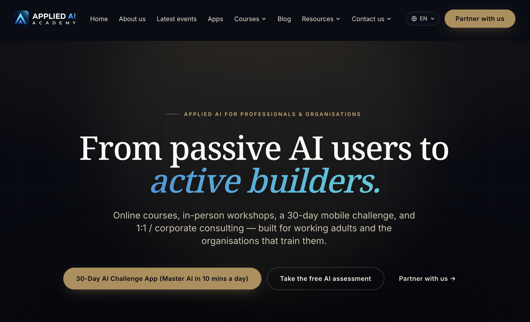 The Applied AI Academy website, headlined “From passive AI users to active builders.”