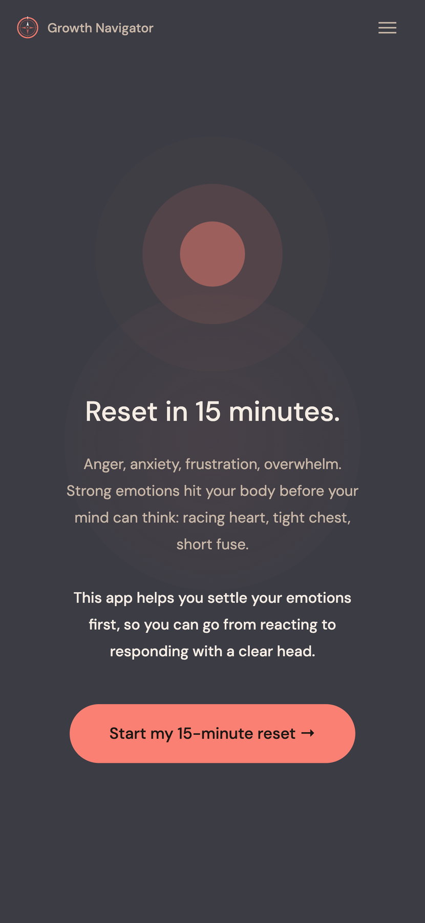 The Growth Navigator app on a phone screen, headlined “Reset in 15 minutes.”